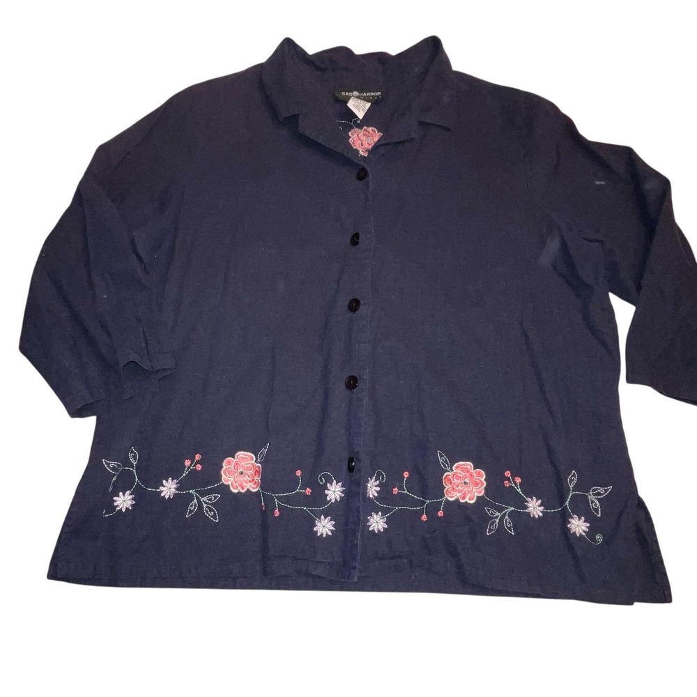 Vtg Sag Harbor Women's Plus Size 18W Linen Rayon Embroidered Blouse Floral Top